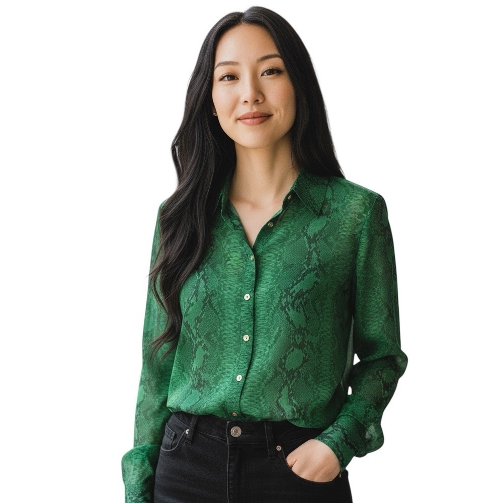 VINCE CAMUTO Women’s Green Snake Print Button Front Long Sleeve Blouse Medium